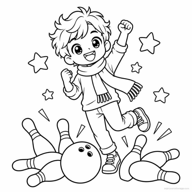 coloriage bowling cute joueur mignon echarpe victoire - dessin gratuit &agrave; imprimer