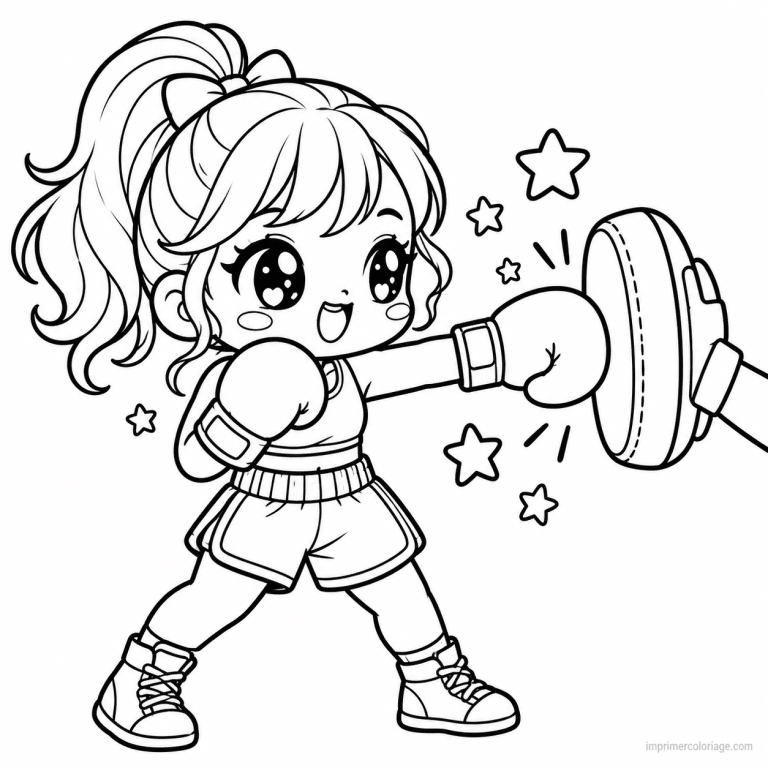 coloriage boxe kawaii boxeuse coup etoiles - dessin gratuit &agrave; imprimer