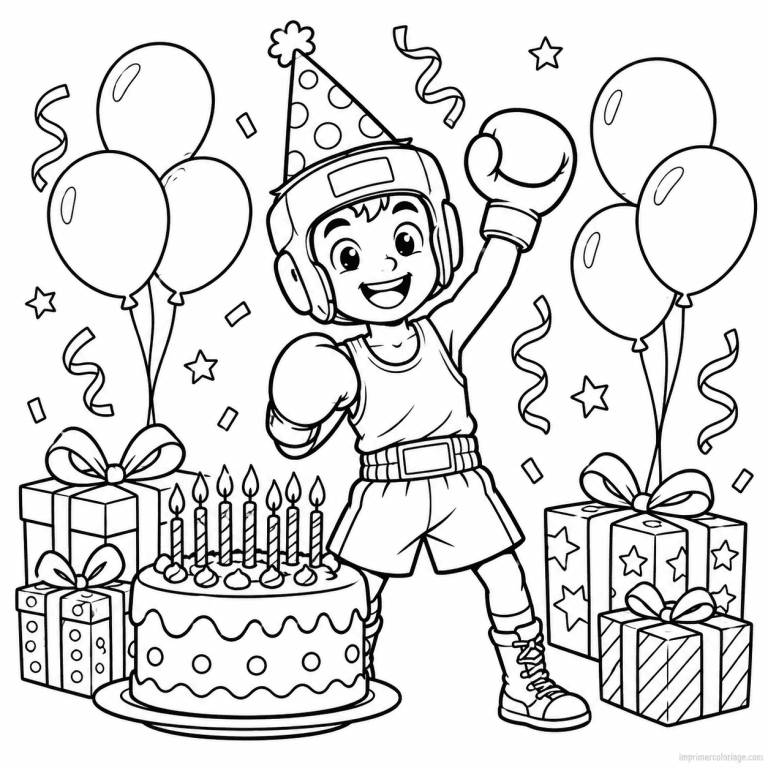 coloriage boxe party boxeur anniversaire gateau ballons - dessin gratuit &agrave; imprimer