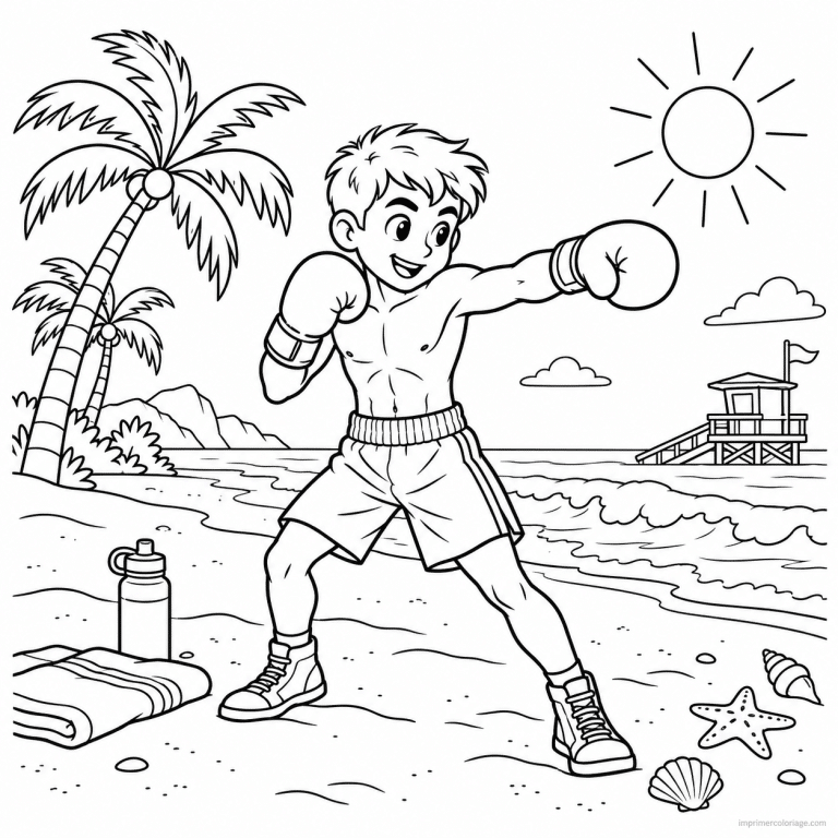 coloriage boxe scene boxeur entrainement plage soleil - dessin gratuit &agrave; imprimer