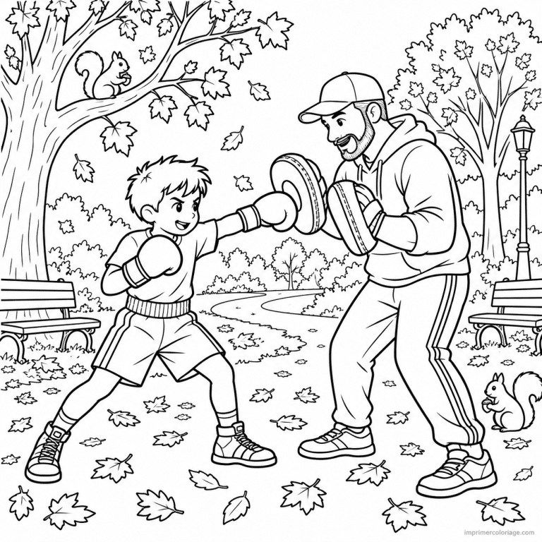 coloriage boxe scene boxeur parc automne coach - dessin gratuit &agrave; imprimer