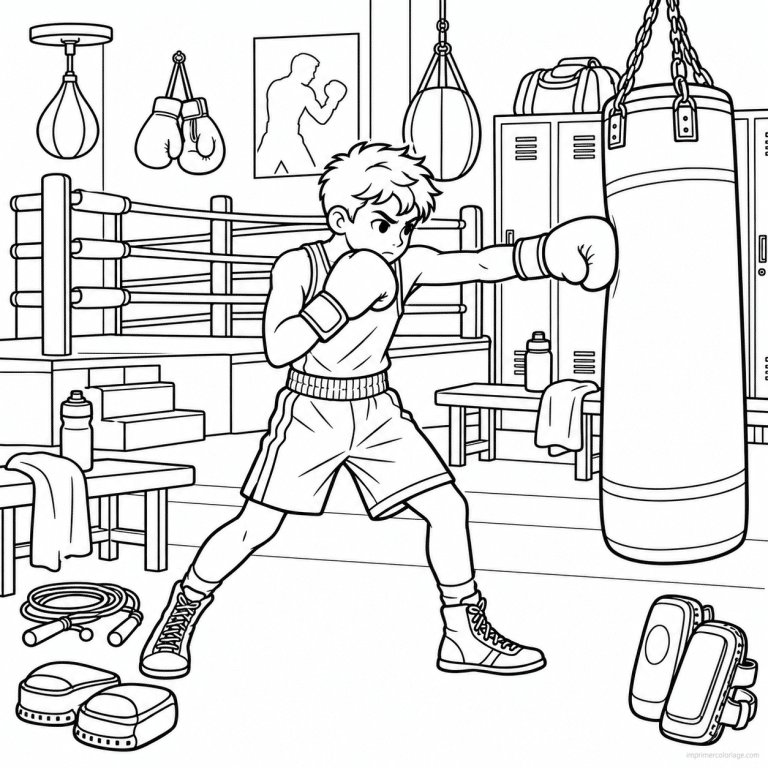 coloriage boxe scene boxeur salle entrainement complete - dessin gratuit &agrave; imprimer