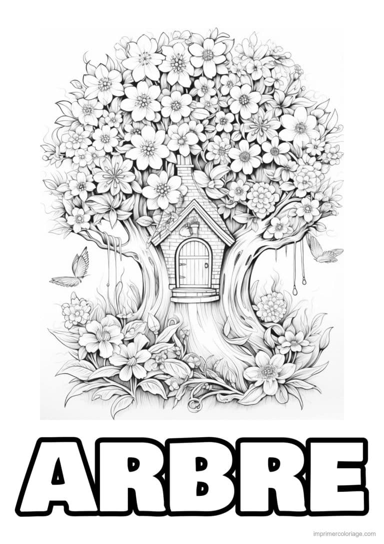 coloriage cabane dans l arbre fleuri - dessin gratuit &agrave; imprimer