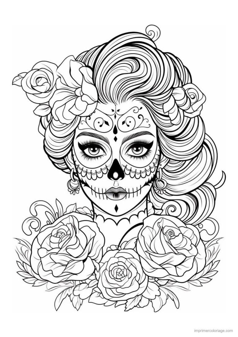 coloriage calavera femme bouquet de roses - dessin gratuit &agrave; imprimer