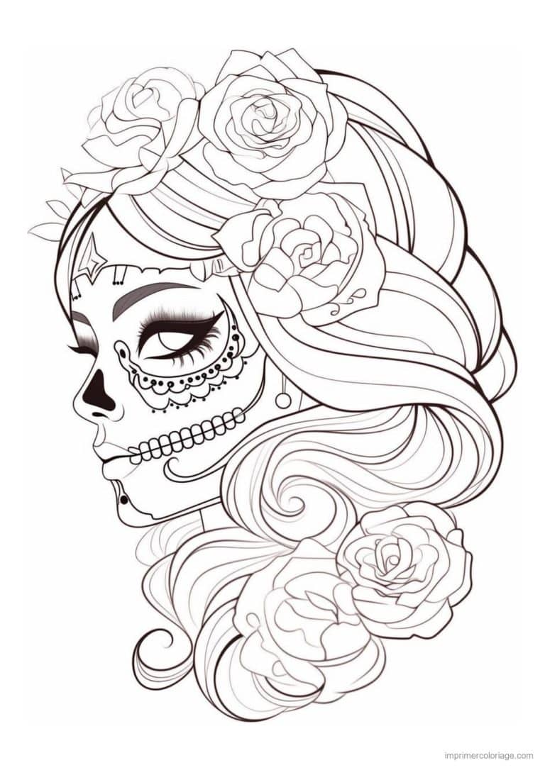 coloriage calavera femme chevelure longue - dessin gratuit &agrave; imprimer