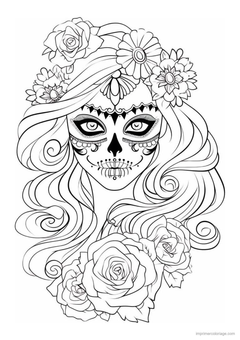 coloriage calavera femme cheveux ondules - dessin gratuit &agrave; imprimer
