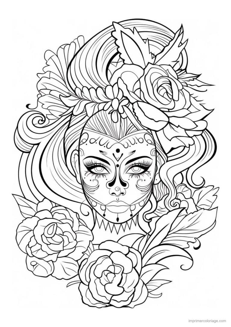 coloriage calavera femme coiffure fleurie - dessin gratuit &agrave; imprimer