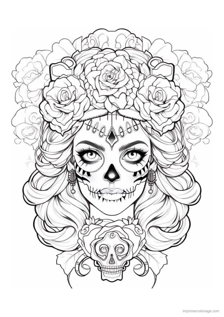 coloriage calavera femme couronne de fleurs - dessin gratuit &agrave; imprimer
