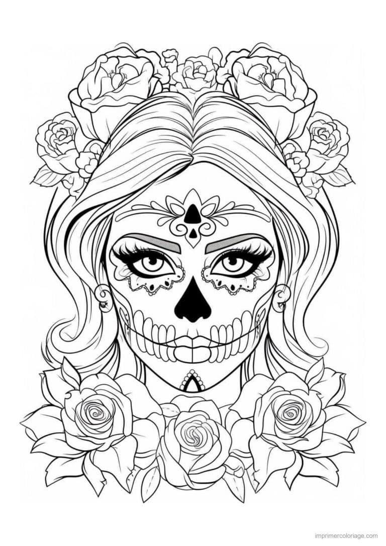 coloriage calavera femme couronne de roses - dessin gratuit &agrave; imprimer