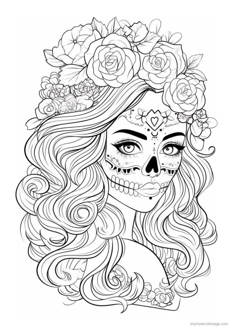 coloriage calavera femme longues boucles - dessin gratuit &agrave; imprimer