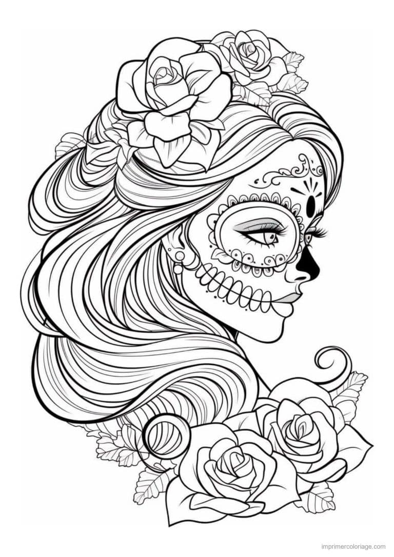 coloriage calavera femme profil et roses - dessin gratuit &agrave; imprimer