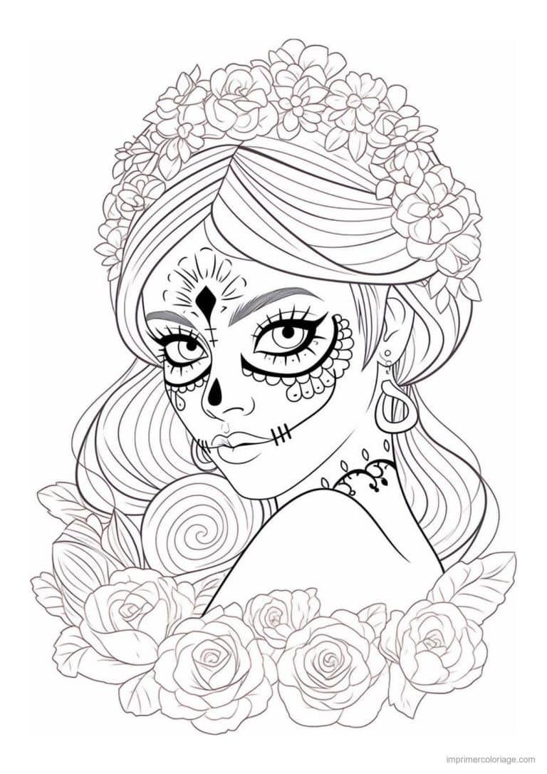 coloriage calavera femme regard de cote - dessin gratuit &agrave; imprimer