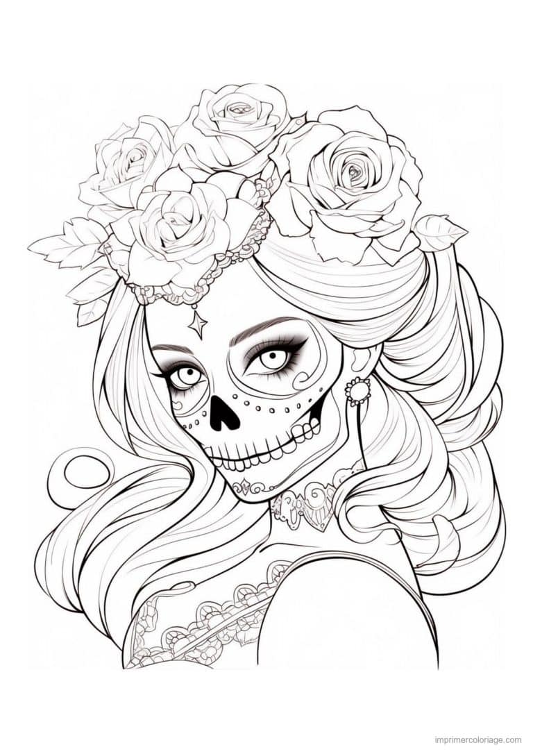 coloriage calavera femme roses dans les cheveux - dessin gratuit &agrave; imprimer