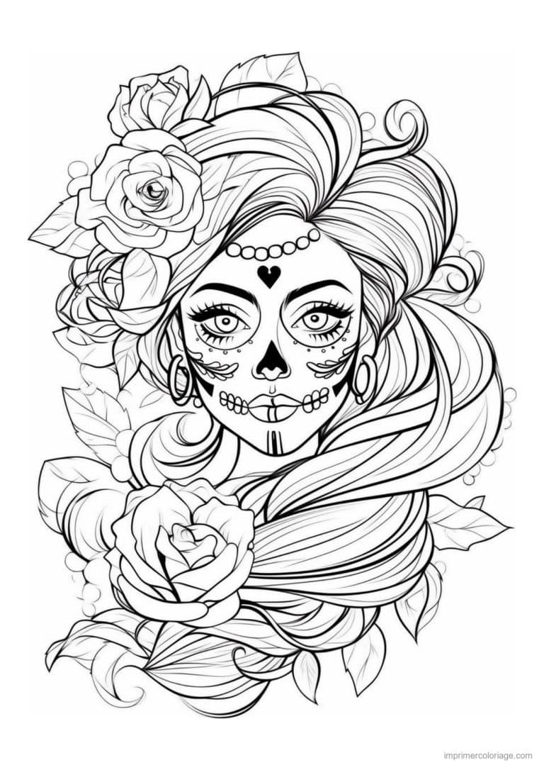 coloriage calavera femme roses et boucles - dessin gratuit &agrave; imprimer