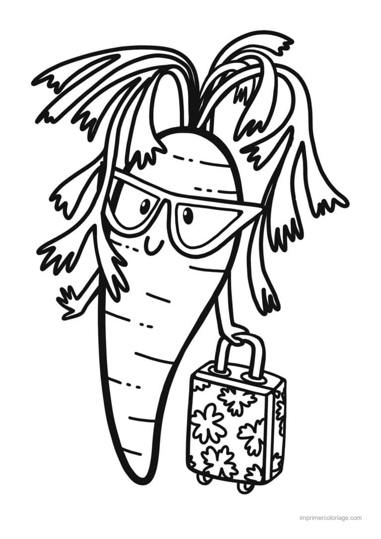 coloriage carotte carotte kawaii a la valise - dessin gratuit &agrave; imprimer