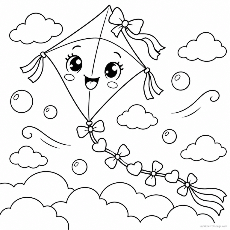 coloriage cerf volant cute cerf volant noeud nuages - dessin gratuit &agrave; imprimer