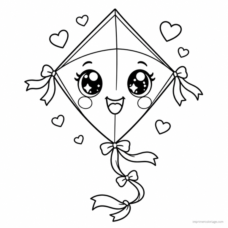 coloriage cerf volant kawaii cerf volant coeurs - dessin gratuit &agrave; imprimer