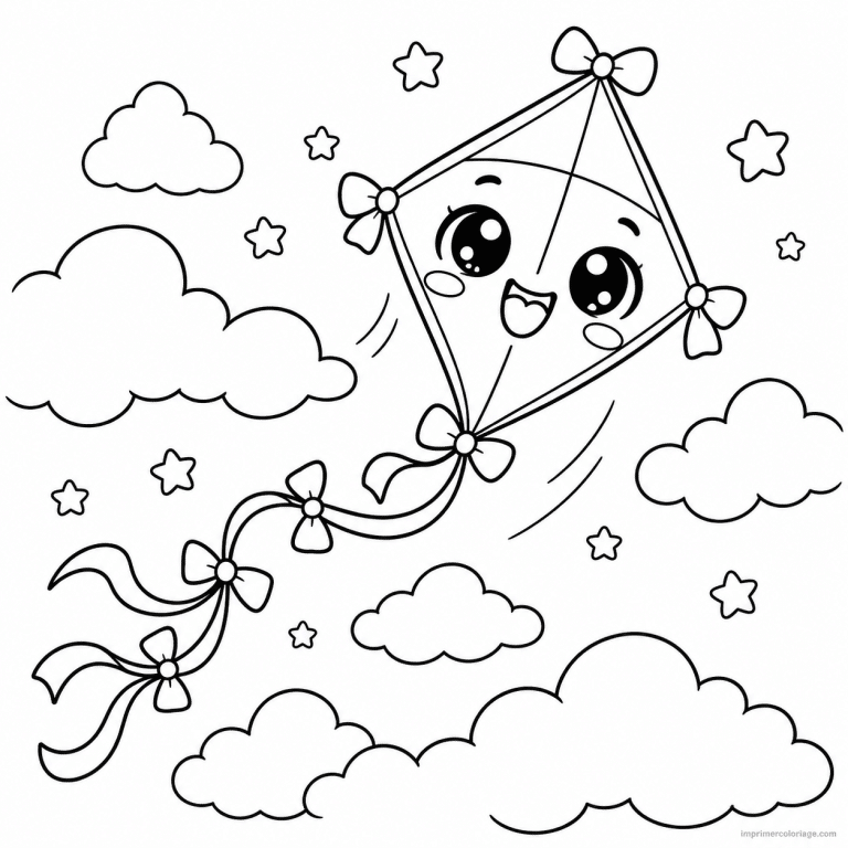 coloriage cerf volant kawaii cerf volant nuages - dessin gratuit &agrave; imprimer