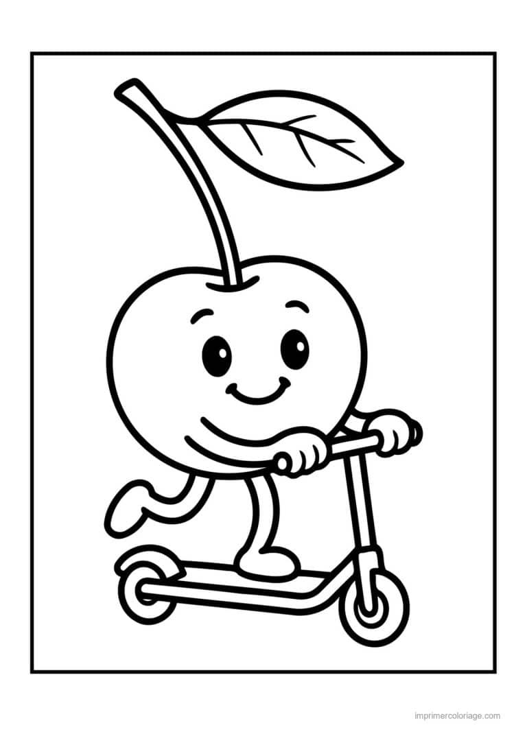 coloriage cerise cerise kawaii en trottinette - dessin gratuit &agrave; imprimer
