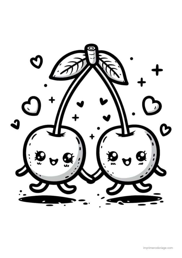 coloriage cerise deux cerises kawaii amoureuses - dessin gratuit &agrave; imprimer