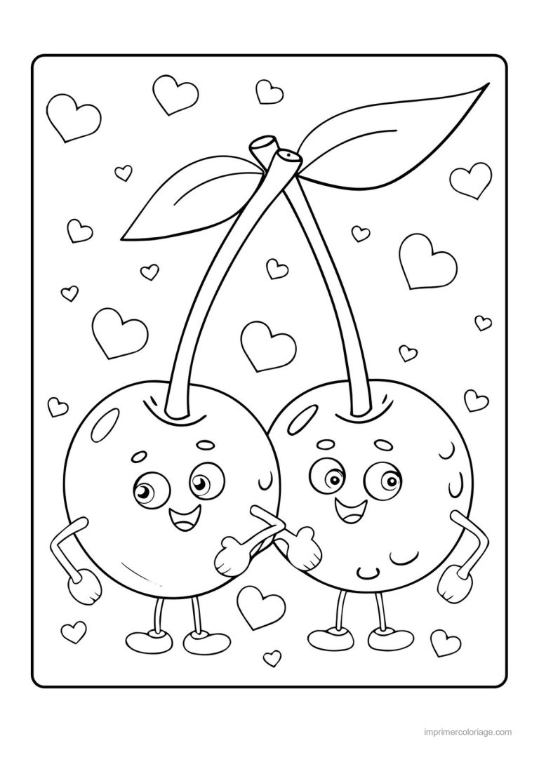 coloriage cerise deux cerises kawaii et les coeurs - dessin gratuit &agrave; imprimer