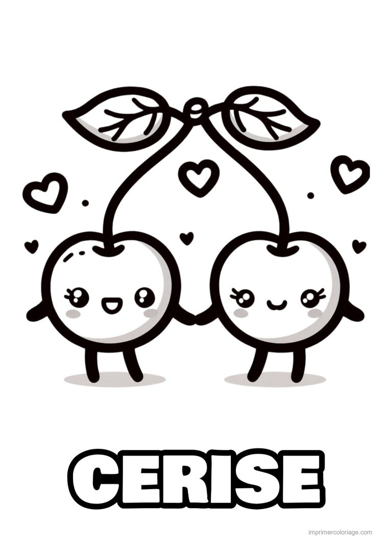coloriage cerise deux cerises kawaii main dans la main - dessin gratuit &agrave; imprimer