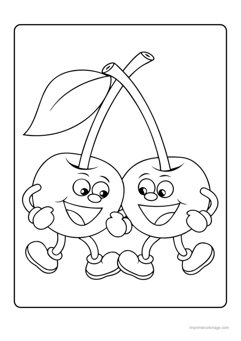 coloriage cerise deux cerises kawaii qui dansent - dessin gratuit &agrave; imprimer