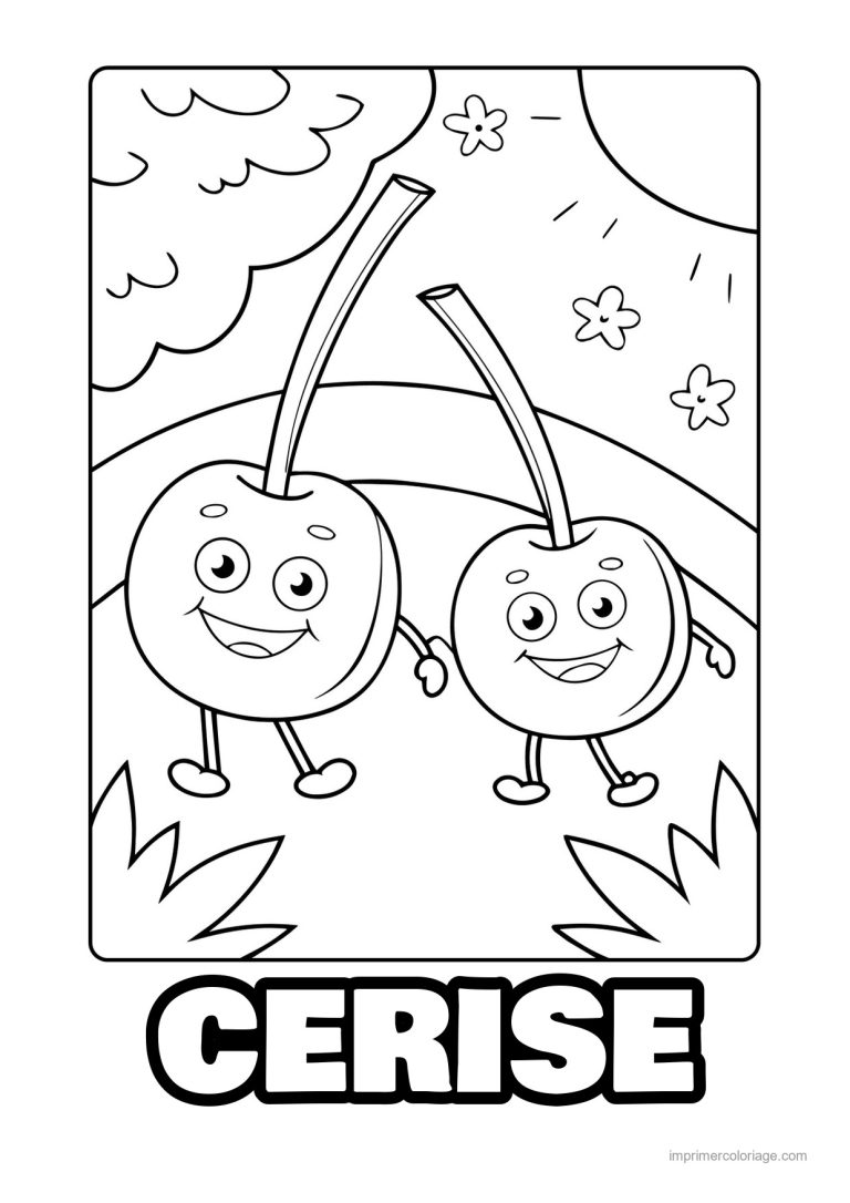 coloriage cerise deux cerises kawaii qui marchent - dessin gratuit &agrave; imprimer