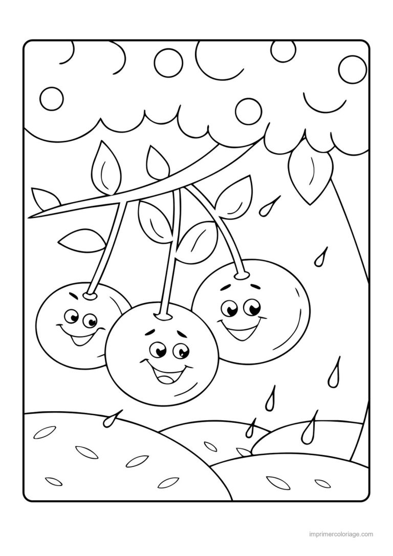 coloriage cerise trois cerises kawaii sous la pluie - dessin gratuit &agrave; imprimer