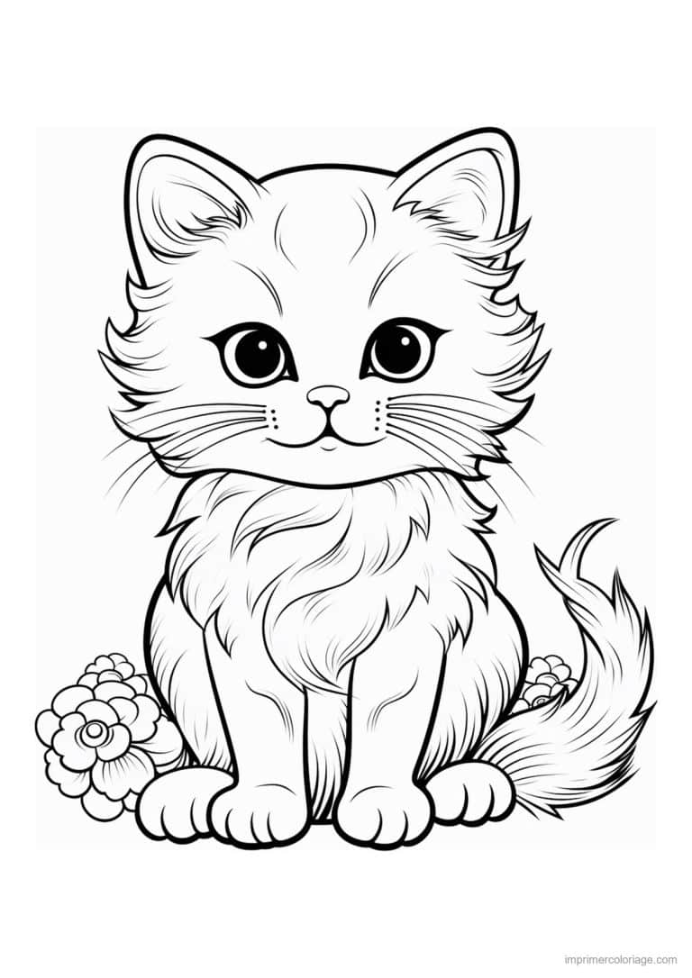 coloriage chat a cote d une fleur - dessin gratuit &agrave; imprimer