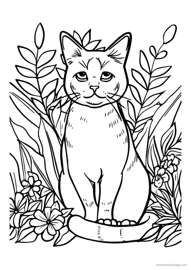 coloriage chat debout parmi les feuilles - dessin gratuit &agrave; imprimer