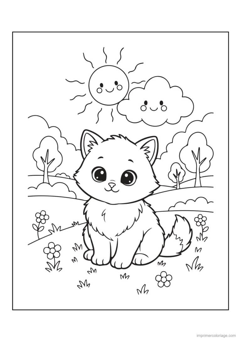 coloriage chaton au soleil dans le pre - dessin gratuit &agrave; imprimer