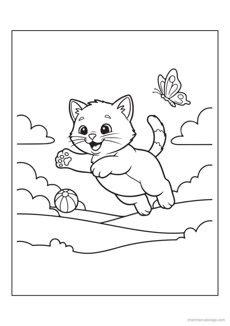 coloriage chaton bondit vers le papillon - dessin gratuit &agrave; imprimer