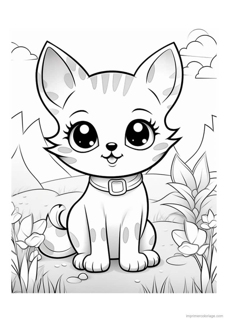 coloriage chaton collier dans la prairie - dessin gratuit &agrave; imprimer