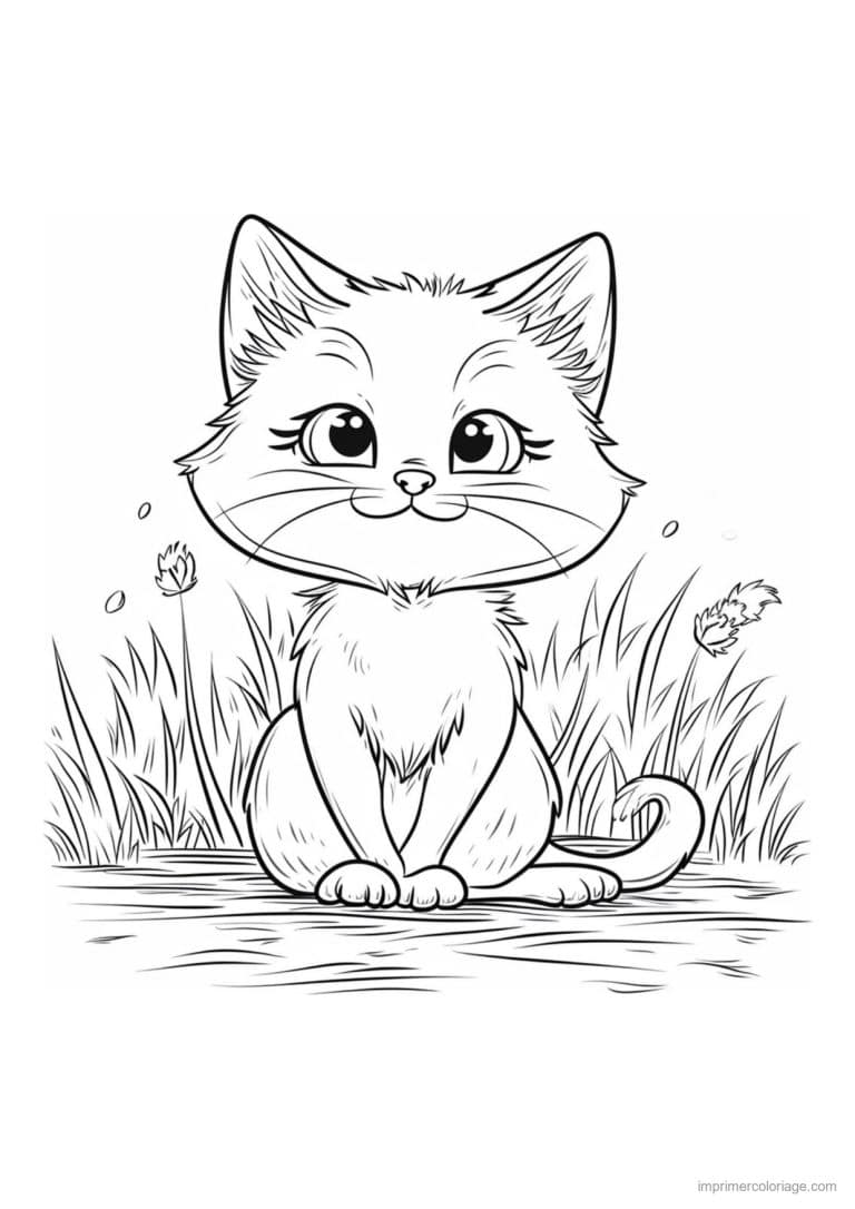 coloriage chaton dans l herbe au vent - dessin gratuit &agrave; imprimer