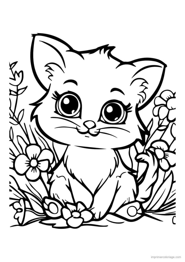 coloriage chaton dans les fleurs sauvages - dessin gratuit &agrave; imprimer