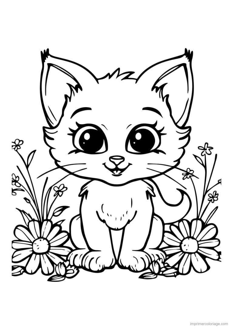 coloriage chaton deux grandes marguerites - dessin gratuit &agrave; imprimer