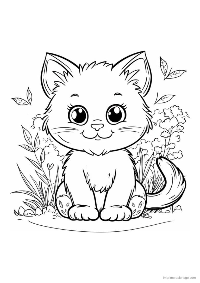 coloriage chaton devant un buisson fleuri - dessin gratuit &agrave; imprimer