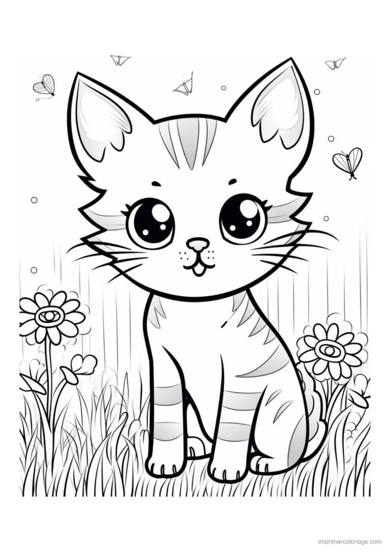 coloriage chaton entre deux marguerites - dessin gratuit &agrave; imprimer