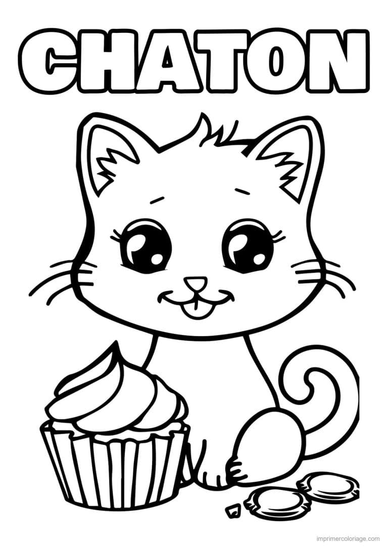 coloriage chaton et son cupcake - dessin gratuit &agrave; imprimer