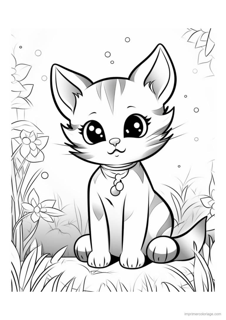 coloriage chaton grelot dans l herbe - dessin gratuit &agrave; imprimer
