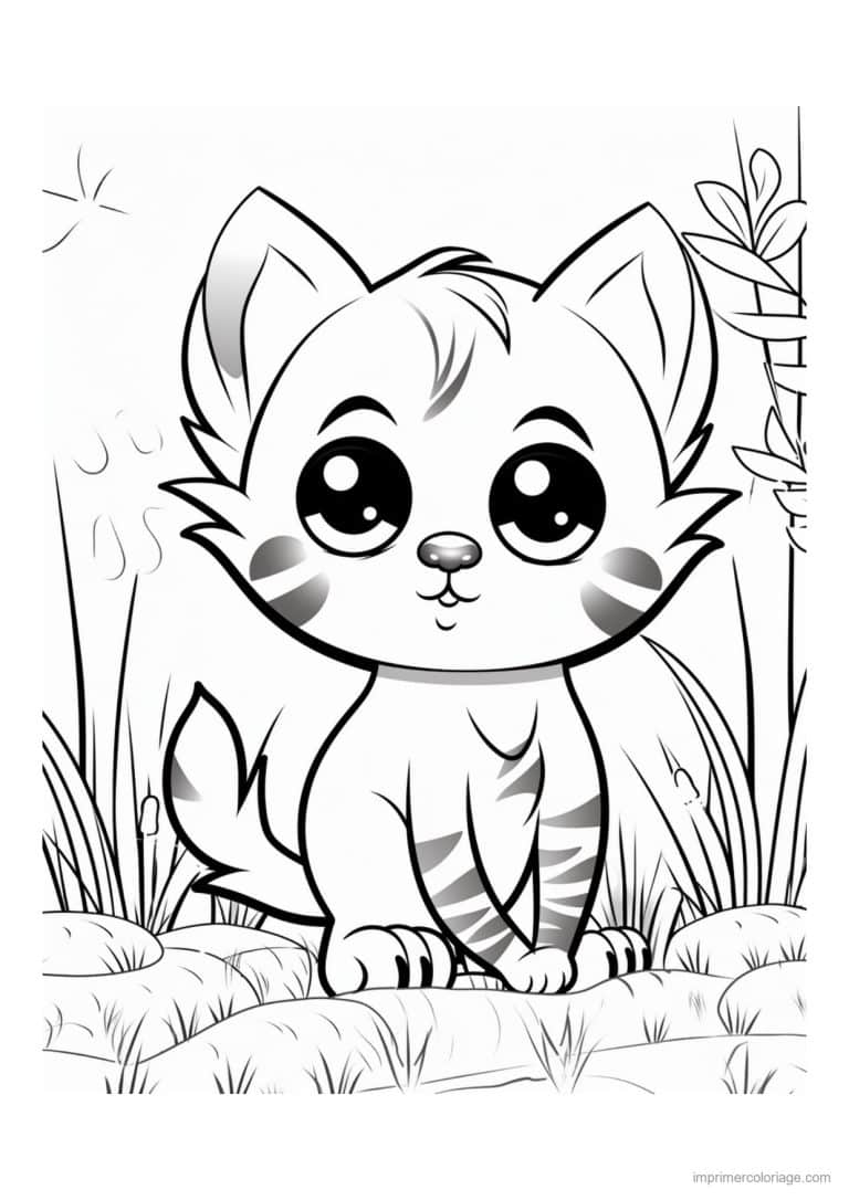 coloriage chaton joues rondes au jardin - dessin gratuit &agrave; imprimer