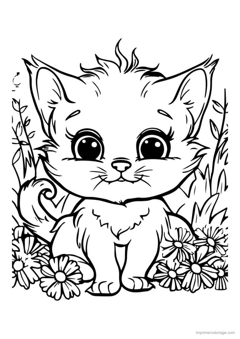coloriage chaton parterre de marguerites - dessin gratuit &agrave; imprimer