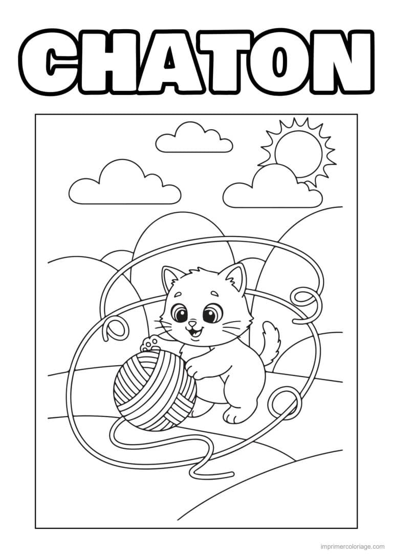 coloriage chaton pelote de laine - dessin gratuit &agrave; imprimer