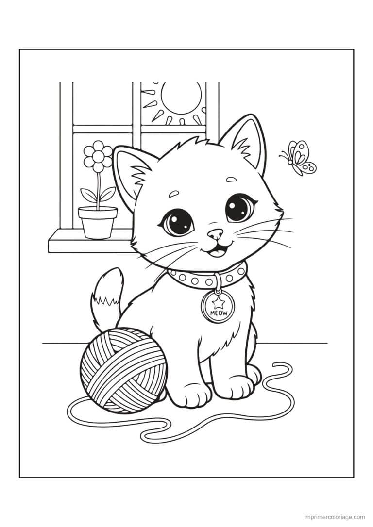 coloriage chaton pelote devant la fenetre - dessin gratuit &agrave; imprimer