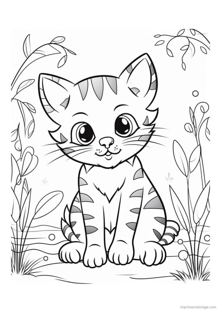 coloriage chaton raye dans les herbes - dessin gratuit &agrave; imprimer