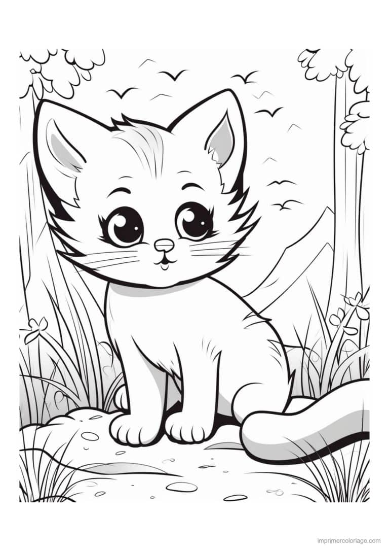 coloriage chaton sous les arbres - dessin gratuit &agrave; imprimer