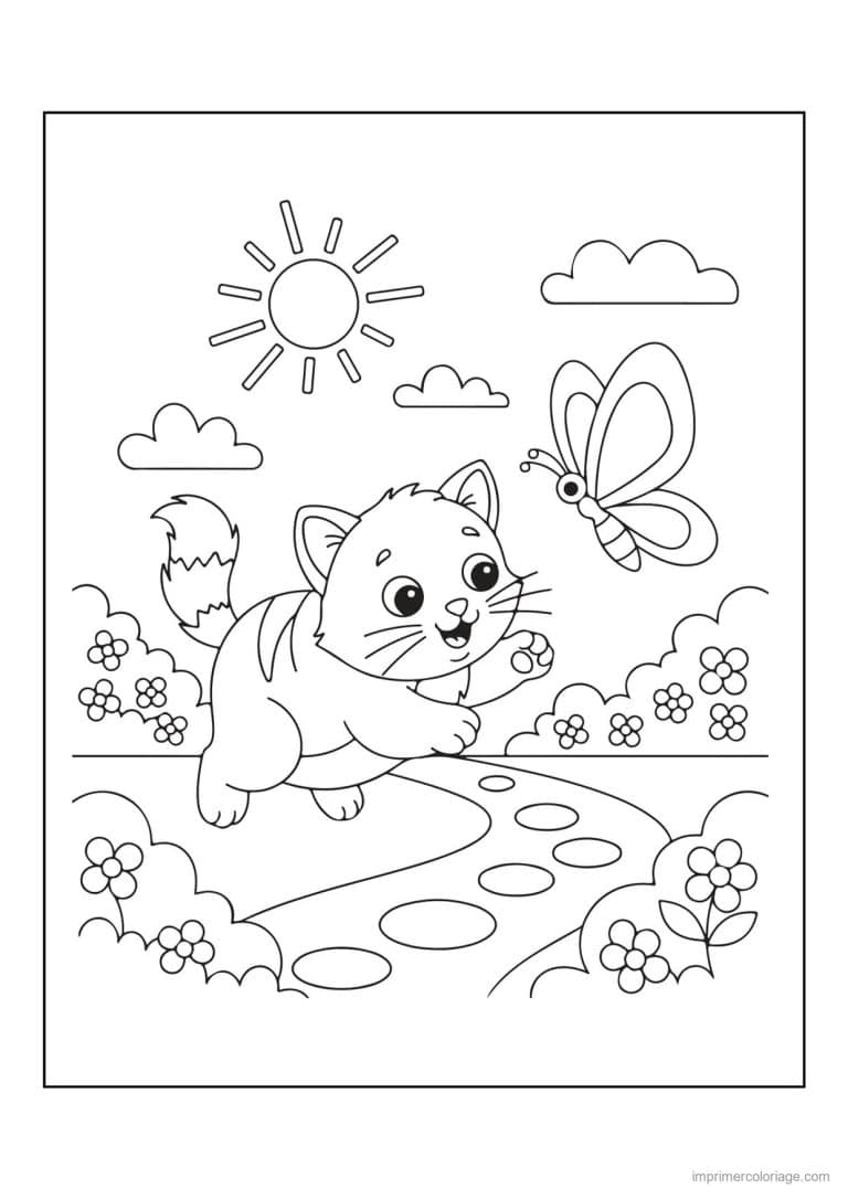 coloriage chaton suit un papillon - dessin gratuit &agrave; imprimer