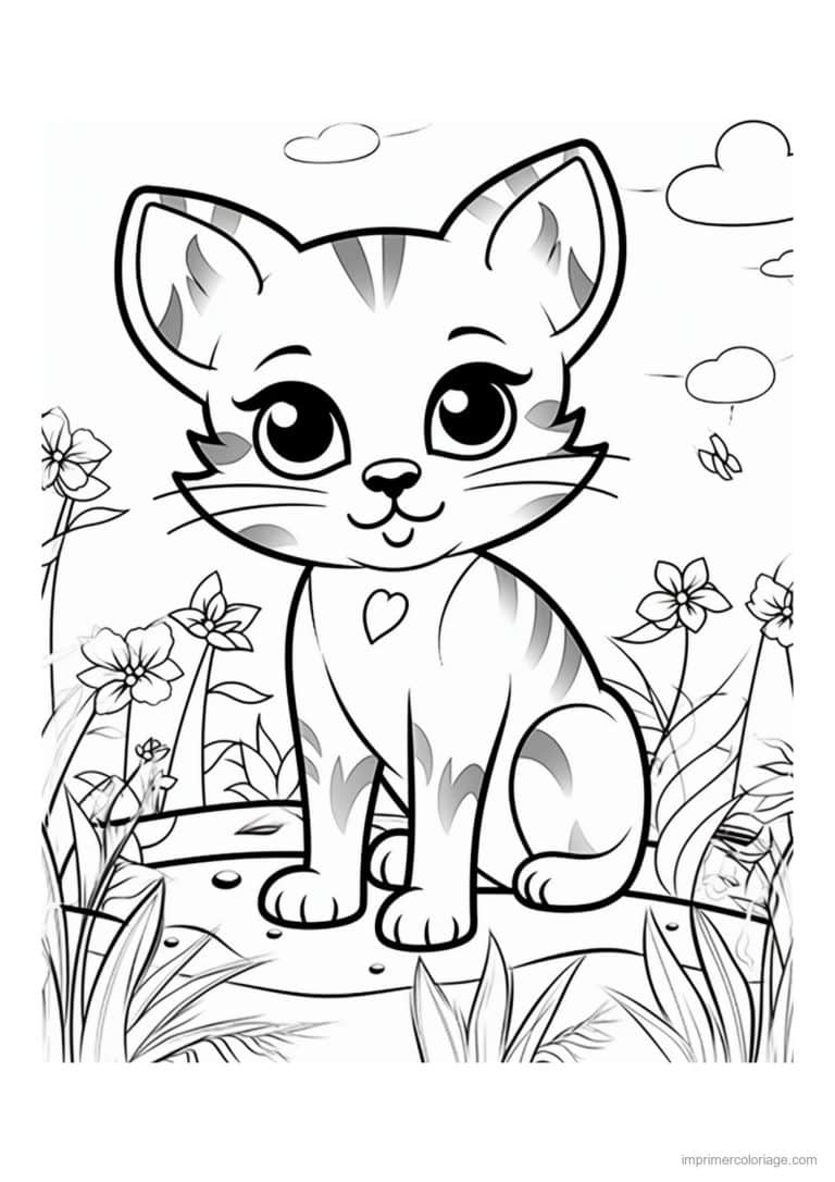 coloriage chaton tachete coeur et fleurs - dessin gratuit &agrave; imprimer