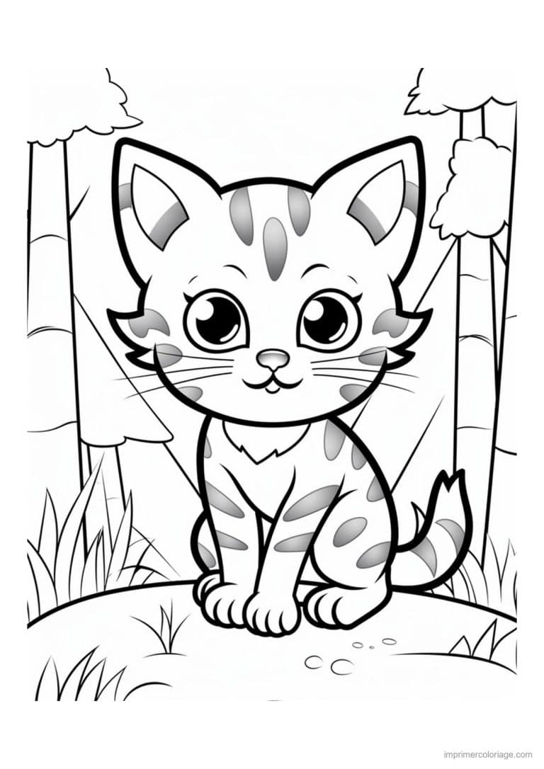 coloriage chaton tachete pres de l arbre - dessin gratuit &agrave; imprimer